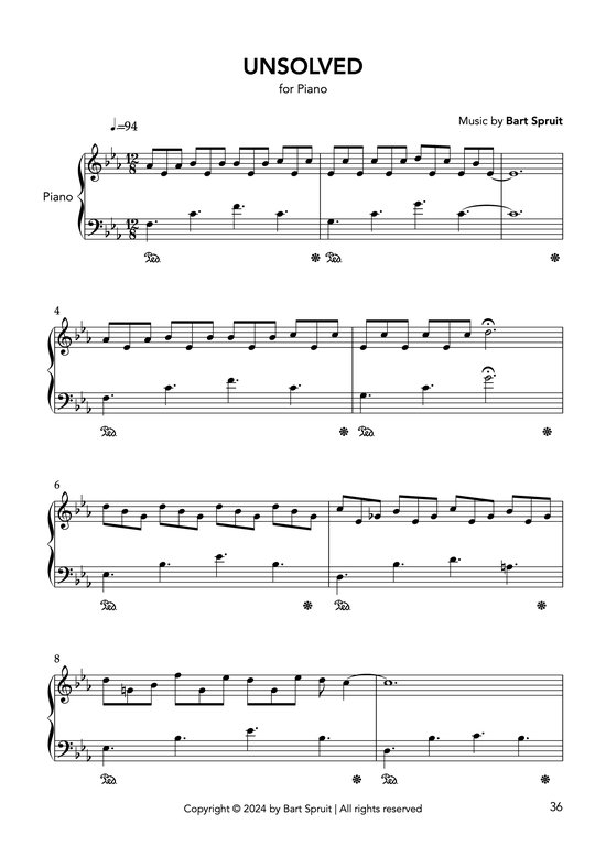 Muziekblad voor piano met de titel "UNSOLVED". Bevat 8 maten, met notenbalken, sleutels en tempoaanduiding.