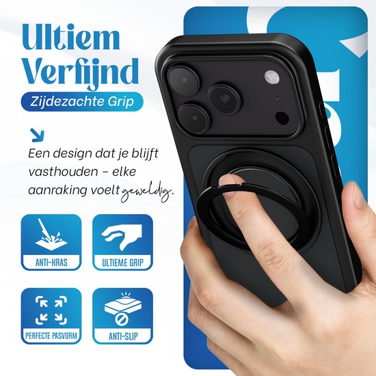 Reovo Hoesje geschikt voor iPhone 17 Pro / 18 Pro MagSafe - 360° Draaibare Stand - Valbescherming 2m - Zwart - Anti-Slip Grip - Camera Bescherming