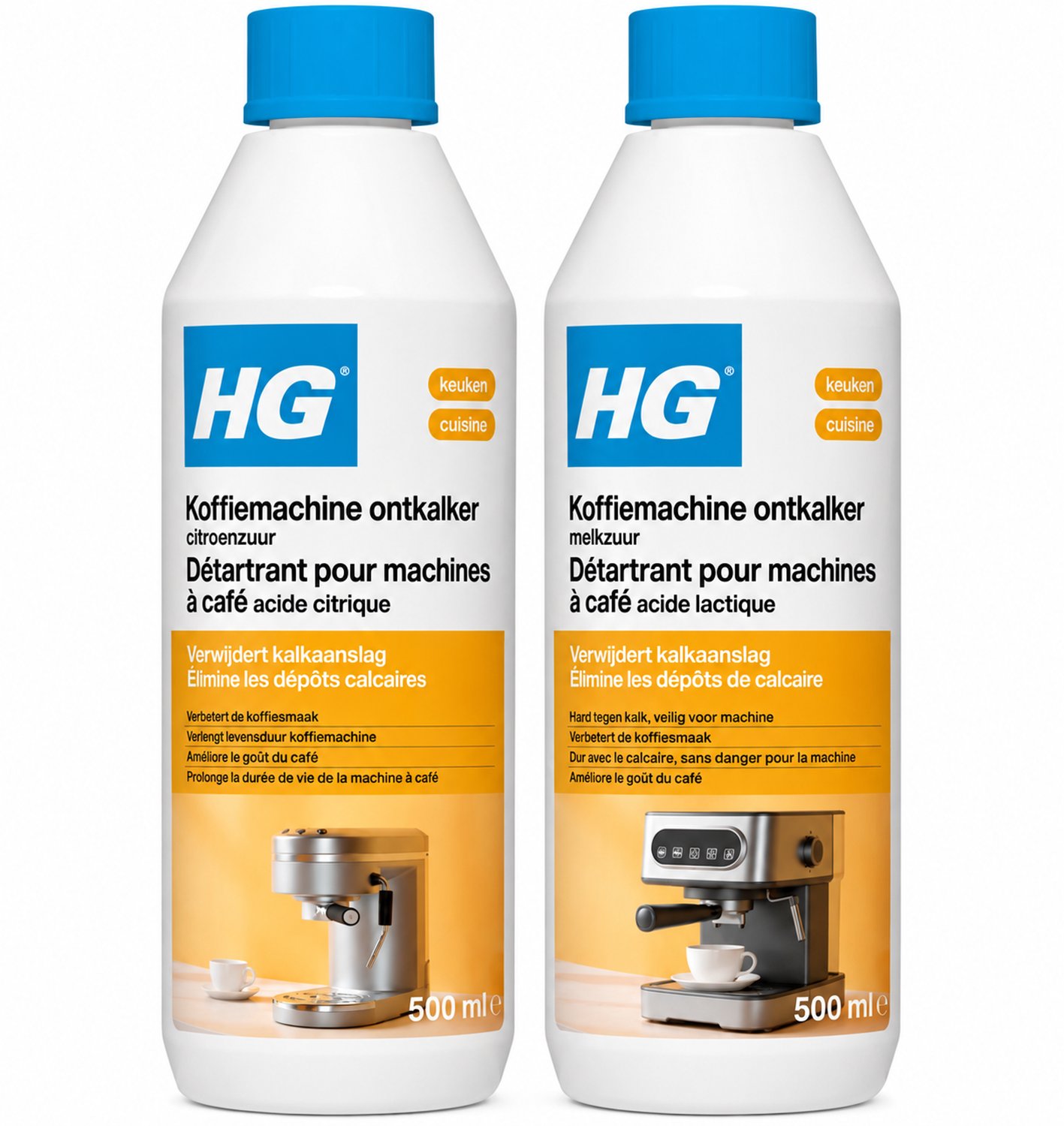 HG Koffiemachine Ontkalker Variatiebundel – Citroenzuur + Melkzuur – 2x 500 ml – 1 Liter