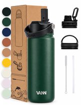 VANN® 3-Wandige RVS Waterfles 500 ML met rietje voor volwassenen – Met 5 accessoires – bidon – 24 uur koud/12 uur warm – Dark Forest – VANN Ultimate Bottle®