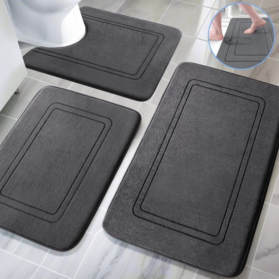 3-delige Antislip Badkamermat Set - Zacht & Absorberend - Grijs