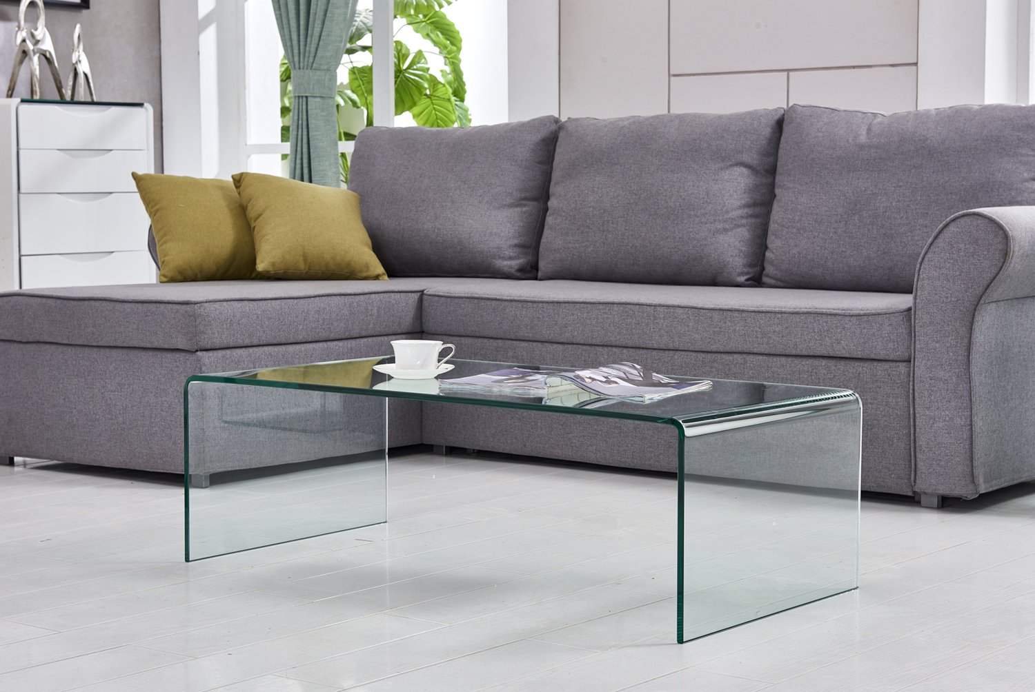 HAUSS SPOLE Glazen Salontafel - Transparant Gehard Glas Met Gebogen Vorm - Voor Woonkamer, Kantoor En Presentaties - 100 x 50 x 35 Cm - Helder