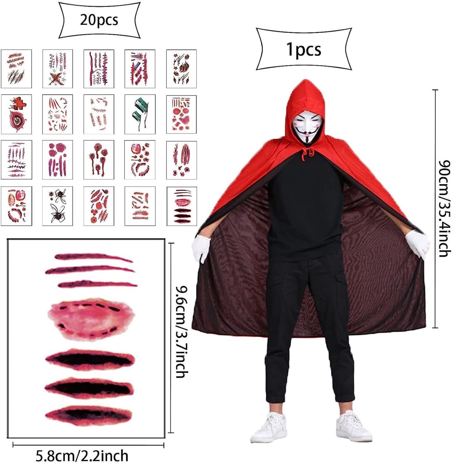 Halloween Vampier Kostuum Set met Zwarte Cape en Kap, Inclusief 20 Tatoeages voor Carnaval en Cosplay