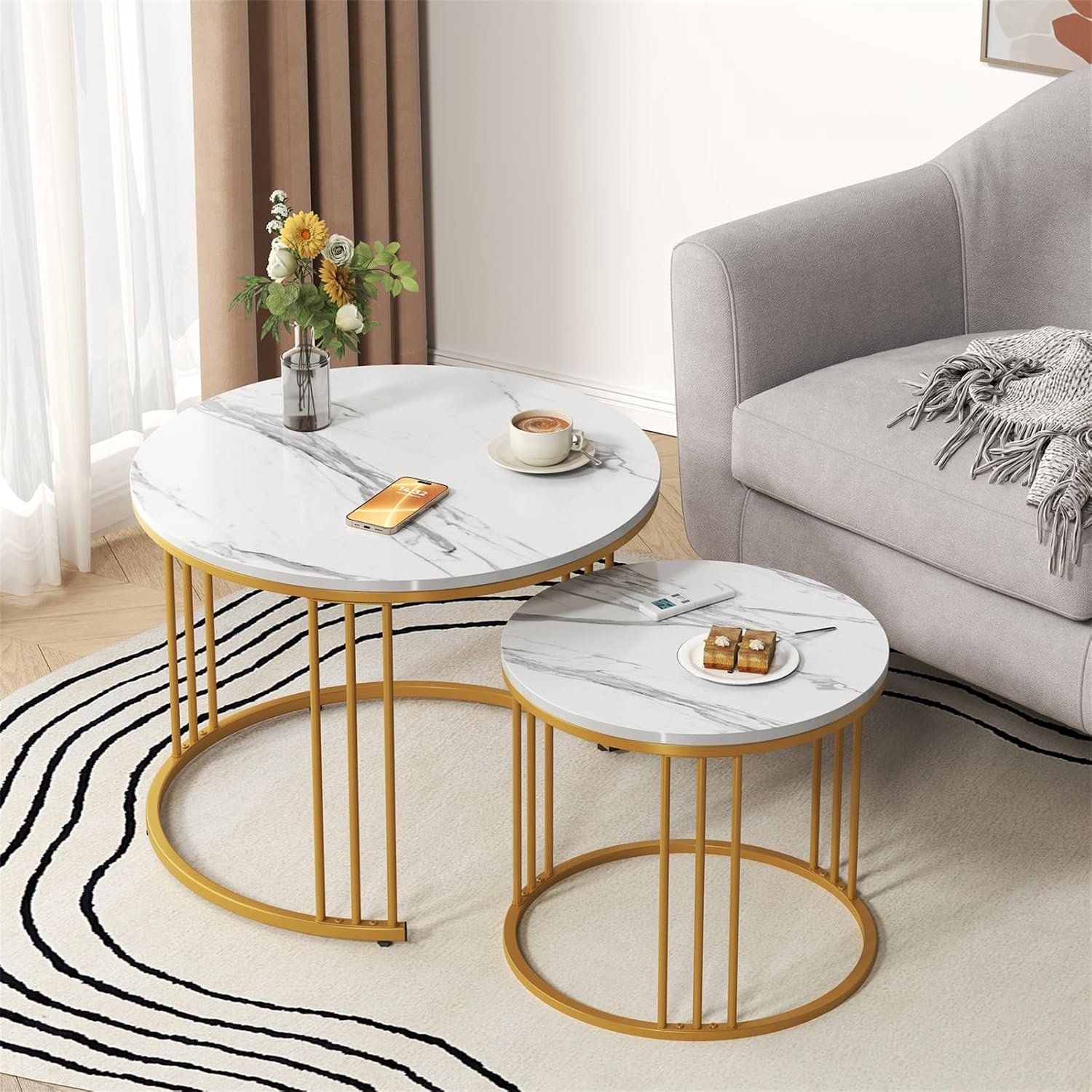 Salontafel Rond 60x60x40cm - Marmerlook Wit Bijzettafel met Goud Frame