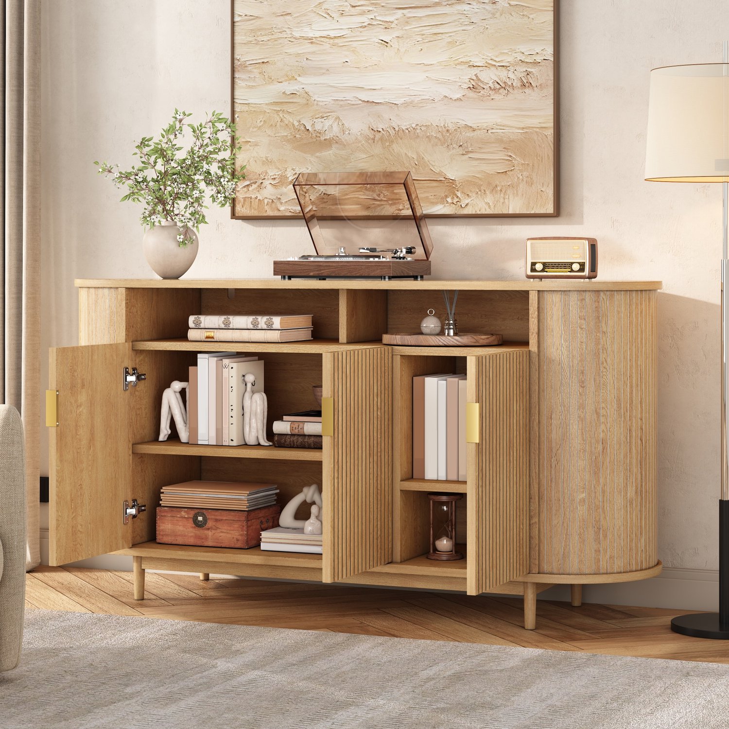 Clruro Dressoir - 140×40×78 cm - 3 Deuren - Ribbelfront - MDF/Spaanplaat - Naturel