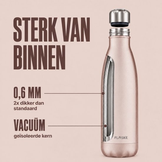 Doorsnede van een lichtroze FLASKE fles die de 0,6 mm dikke, dubbelwandige, vacuüm geïsoleerde kern toont.