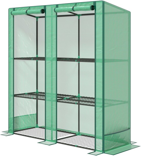 Lege, groene 3-laags minikas met een open voorkant, staande op een witte achtergrond.