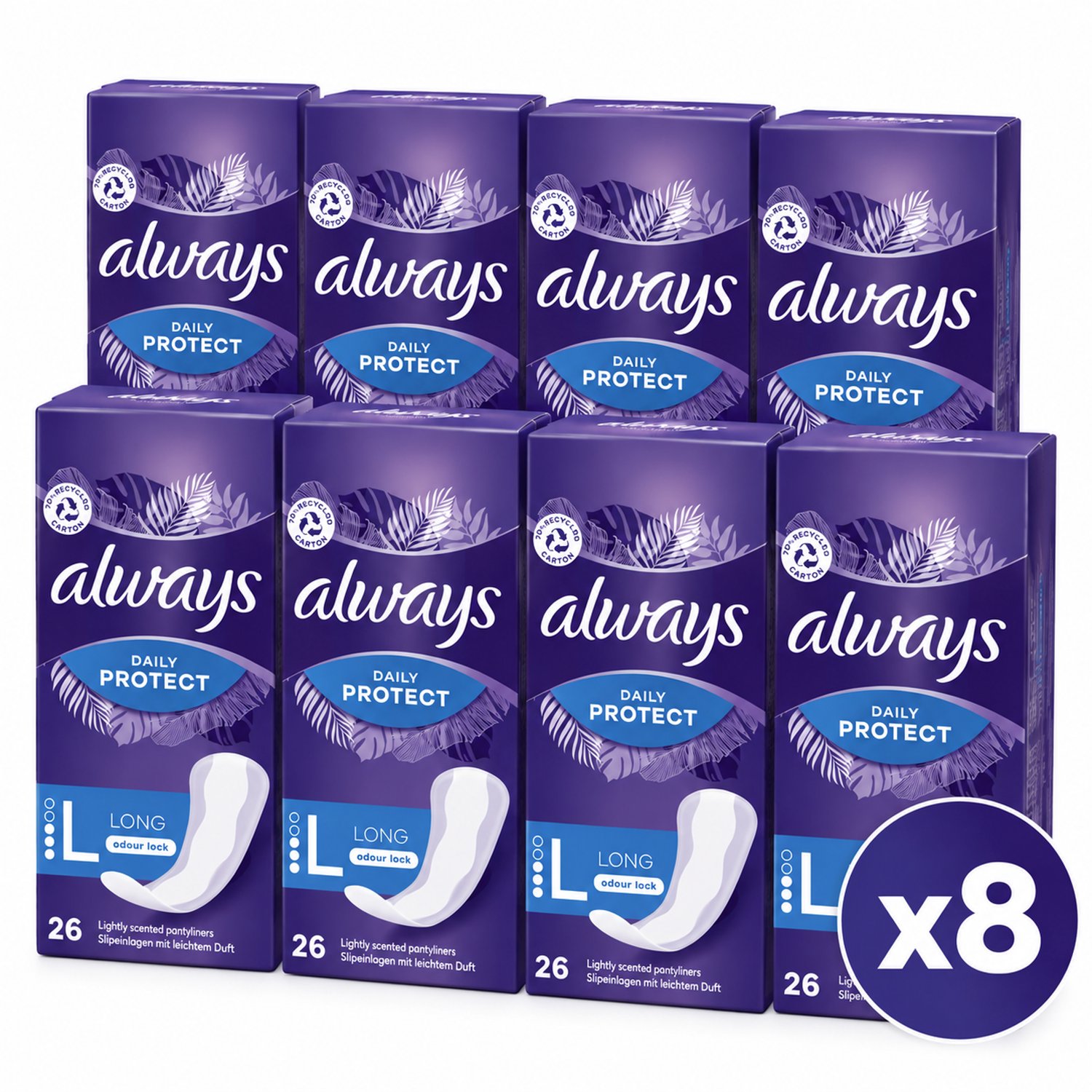 Always Daily Protect Long Inlegkruisjes – Odour Lock – Licht Geparfumeerd – 8 x 26 Stuks – 208 Inlegkruisjes