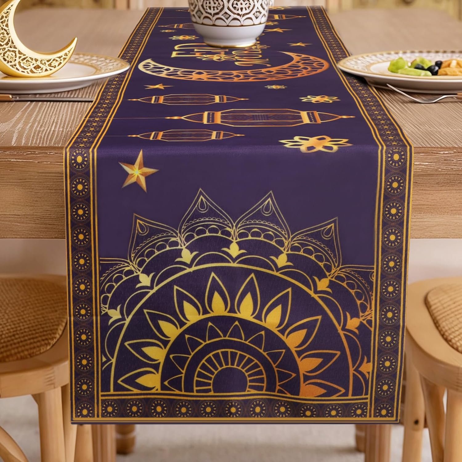 Famanu - Tafellaken Eid al-Fitr - Bescherming van uw tafel tijdens feestelijke gelegenheden - Van katoen en linnen - 183 x 33 cm