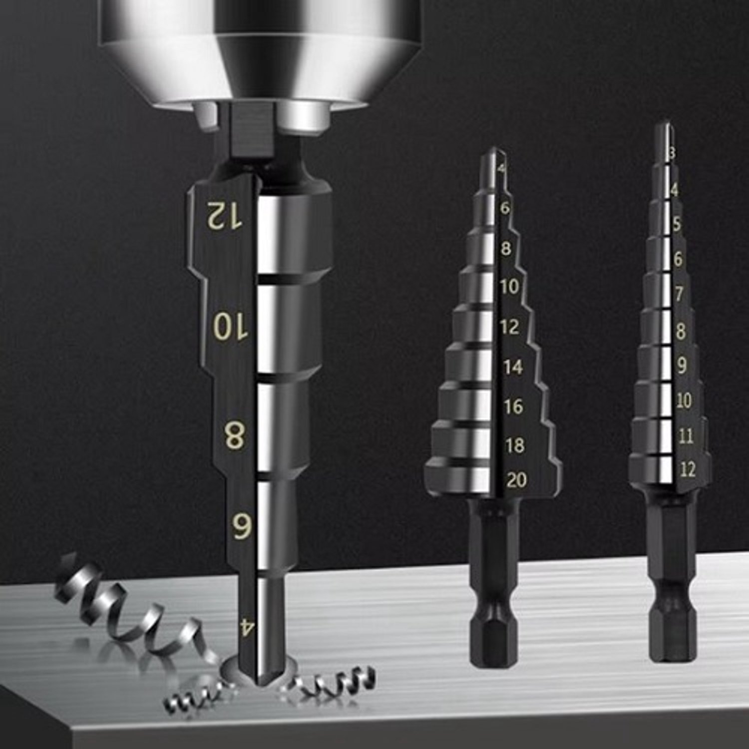 Kronwald® HSS trapborenset - trappenboorset - stappenboor 3-delig - 3-12mm 4-12mm 4-20mm Nitride zwart met hex aansluiting - gatenboorset