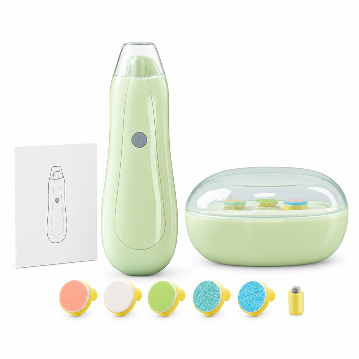 elektrische nageltrimmer voor baby's - Lichtgroen - Met 6 vijlkopjes - Voor thuis - Inclusief opbergdoos en handleiding
