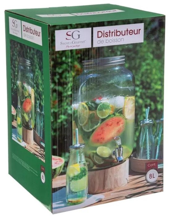 8L drankdispenser van glas met zilverkleurig kraantje en schroefdeksel, gevuld met fruit en ijs.