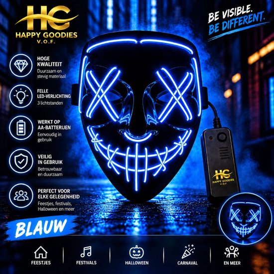 Blauw LED-masker met 3 lichtstanden, perfect voor Halloween, carnaval en feesten.