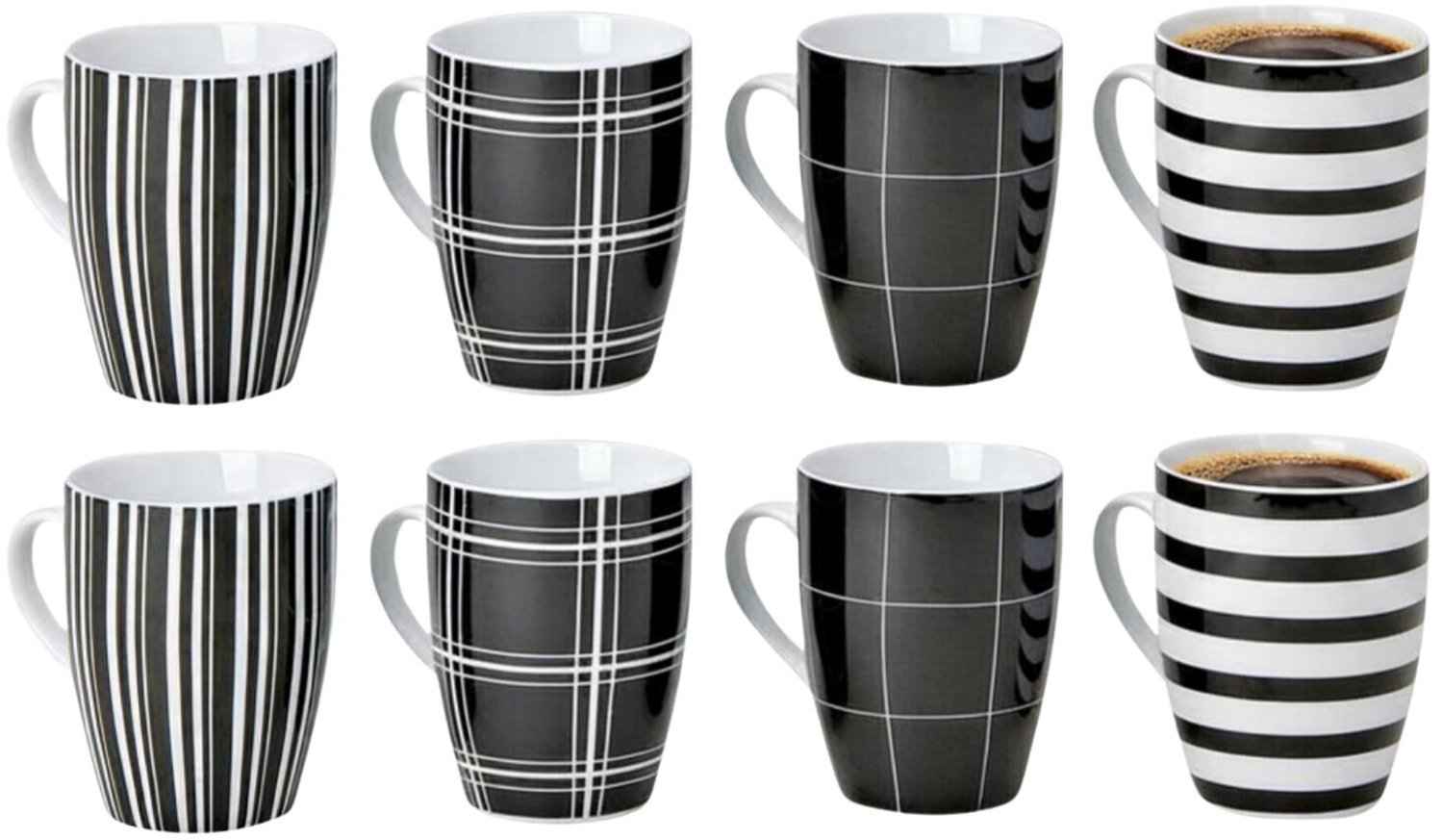 Bellatio Design Koffiekopjes Stripes - set 8x stuks - zwart/wit - porselein - 300 ml - H10 cm - mokken