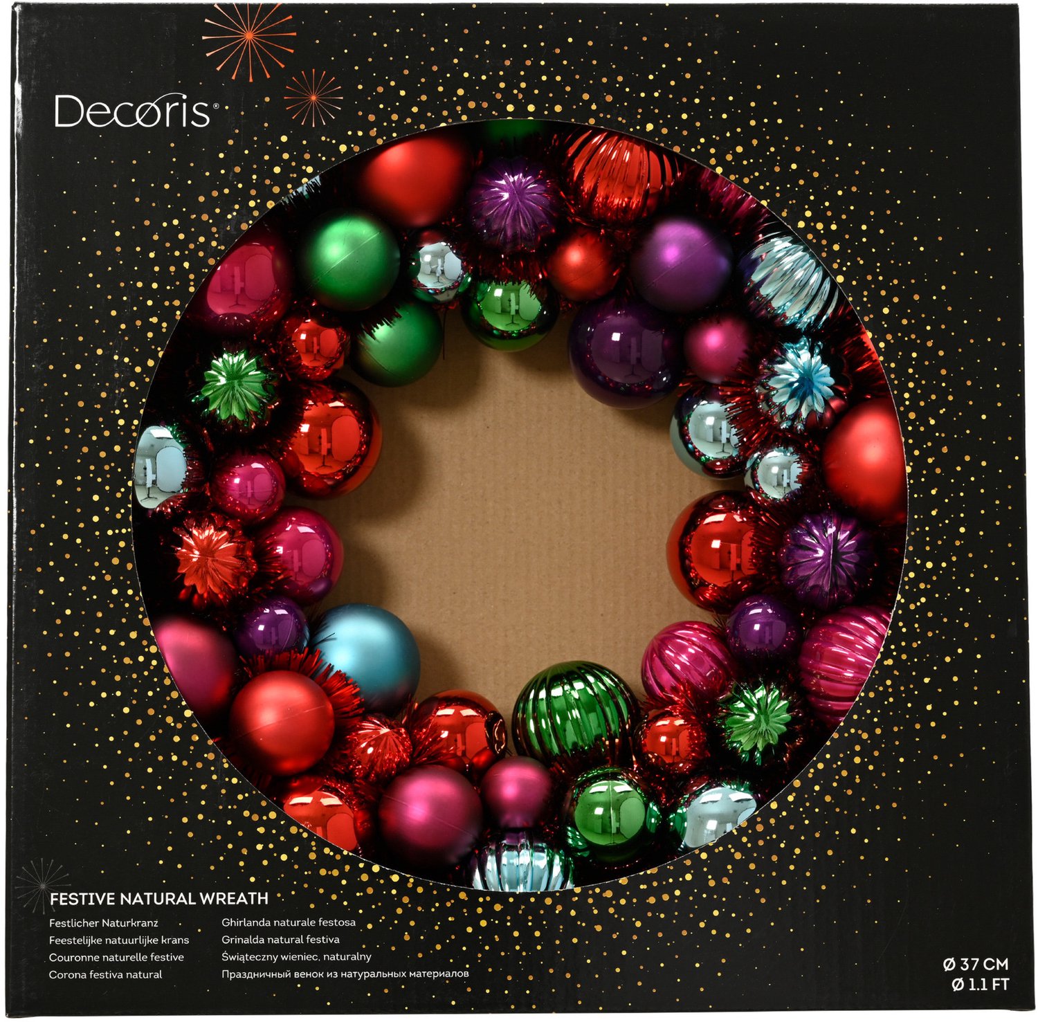 Decoris Kerstballen kerstkrans - gekleurd - D38 cm - kunststof - krans - deurkrans - kerstversiering – foto 2