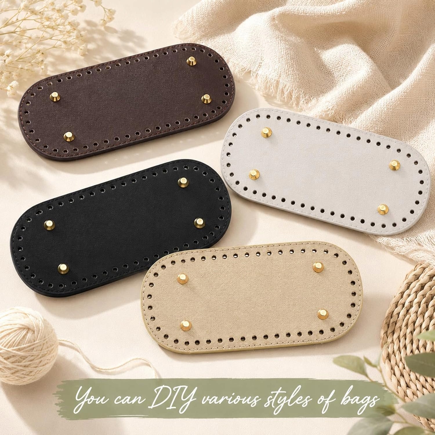 4x PU Leder Bodems voor Haaktassen 22x10 cm - Perforatie & Nieten