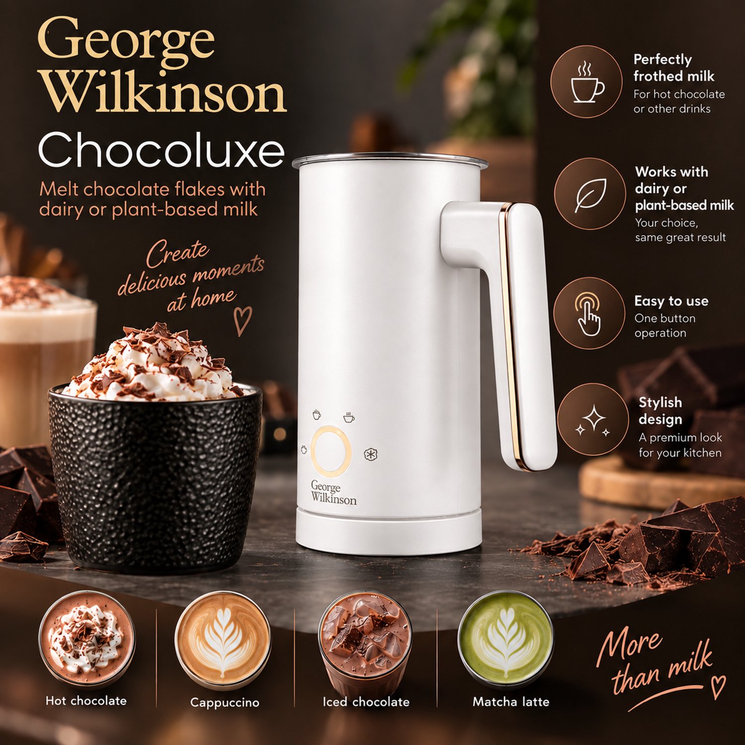 George Wilkinson Chocoluxe Melkopschuimer – Warme Chocolademelk Maker – Voor Melk & Plantaardige Melk – Anti-aanbaklaag – Wit/Goud - Kerst/sinterklaas kado