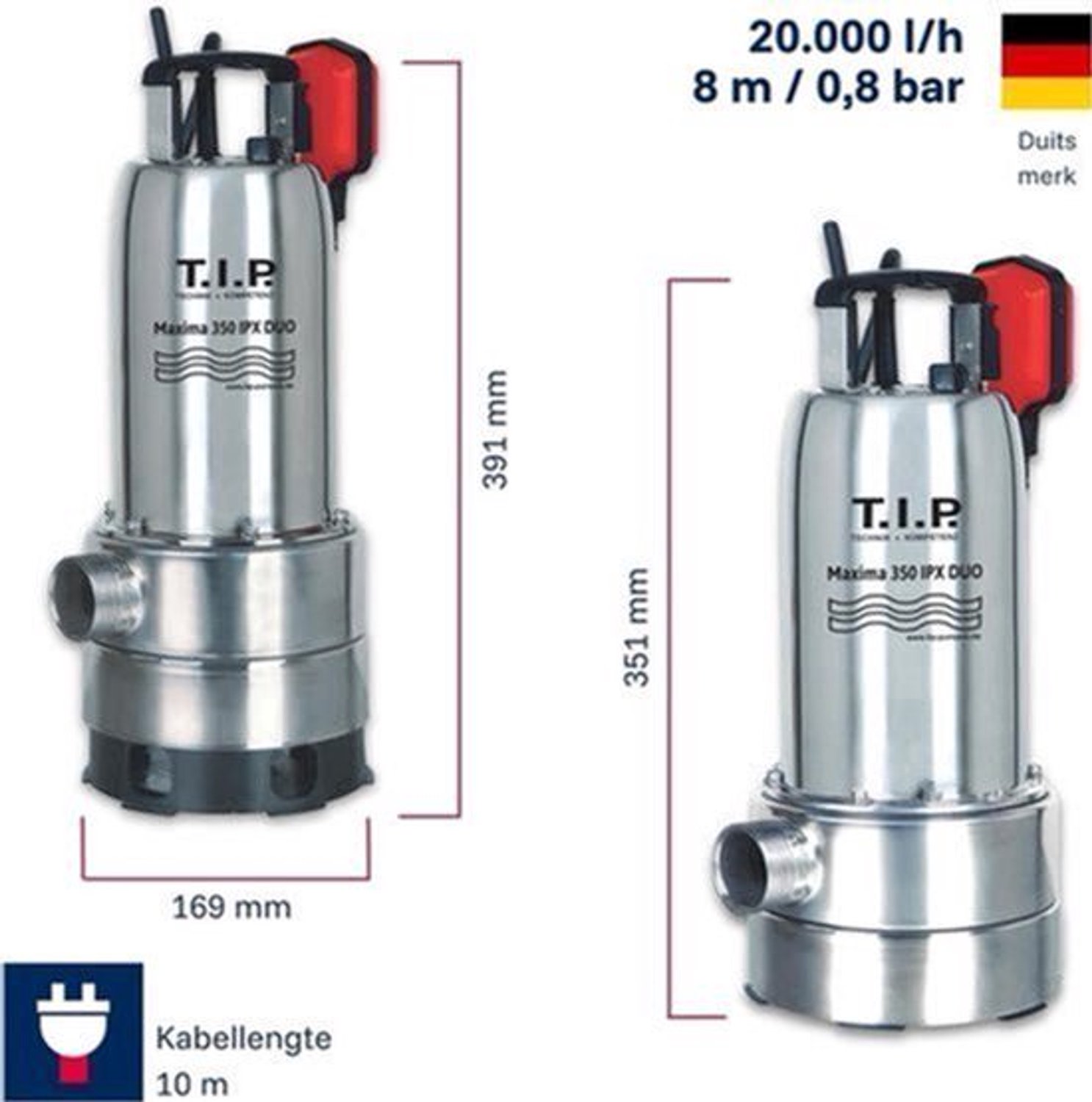 Vuilwaterpomp – Dompelpomp – Waterpomp – Drainagepomp – Noodpomp – Uitschuifbare Pompvoet – Vlakke Aanzuiging 1 Mm – 800 W – 20.000 L/uur – Max. Opvoerhoogte 8 M