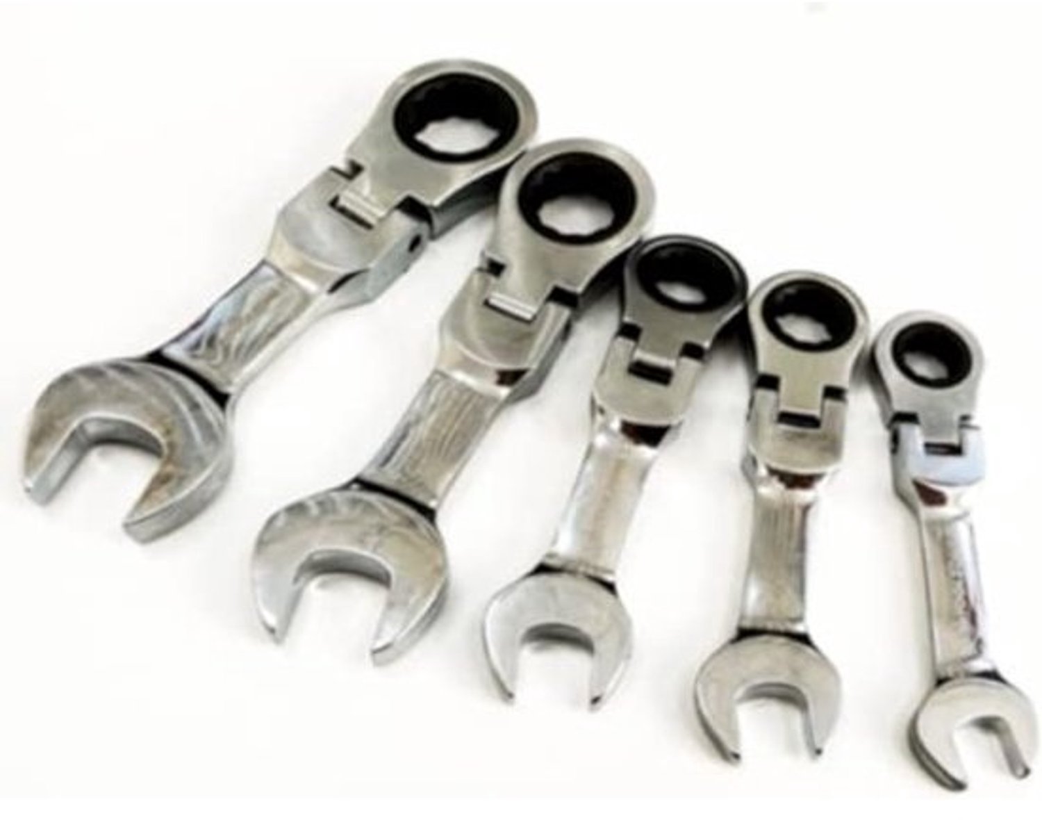 Ratelsleutel Set - Stubby Sleutels - Automotive Werk - 180° Flexibele Kop - 5 Delig - Chroom