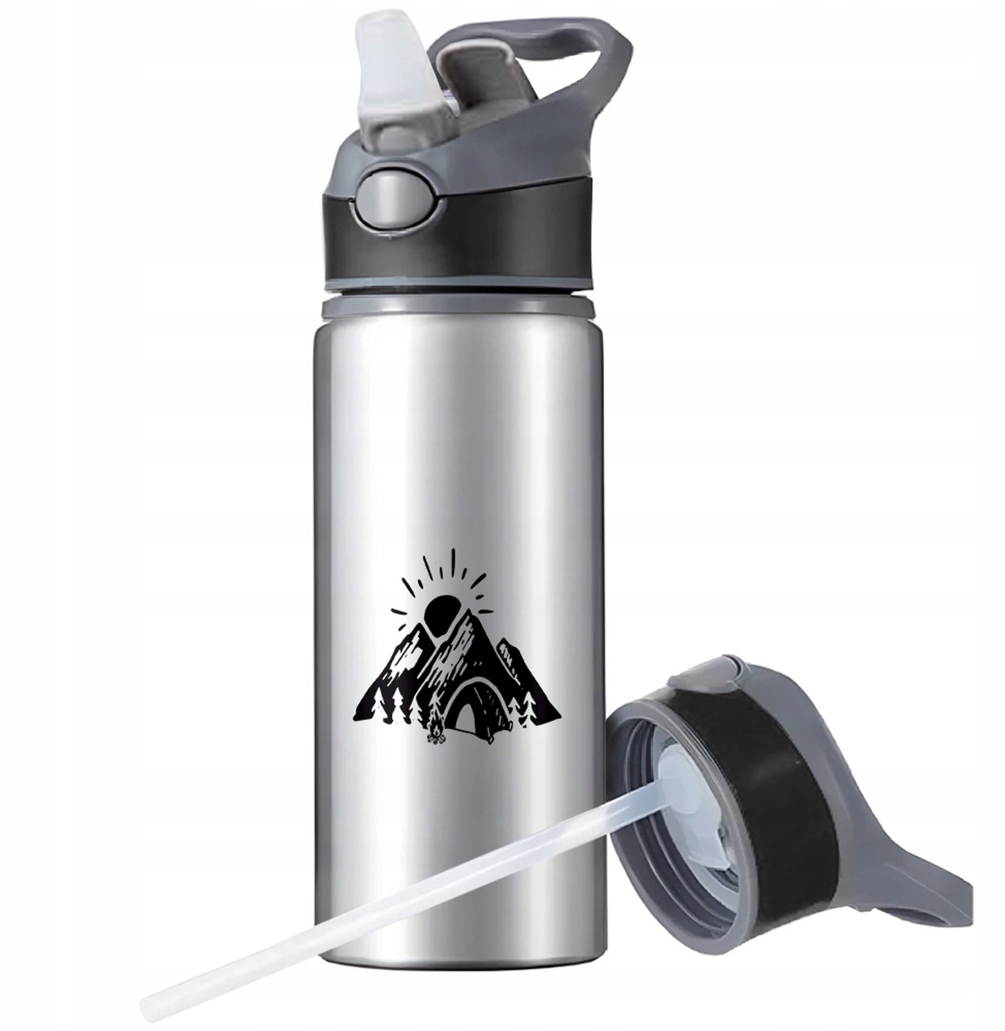 Aluminium Sport Bidon 650ml met Rietje en Handvat - Zilver