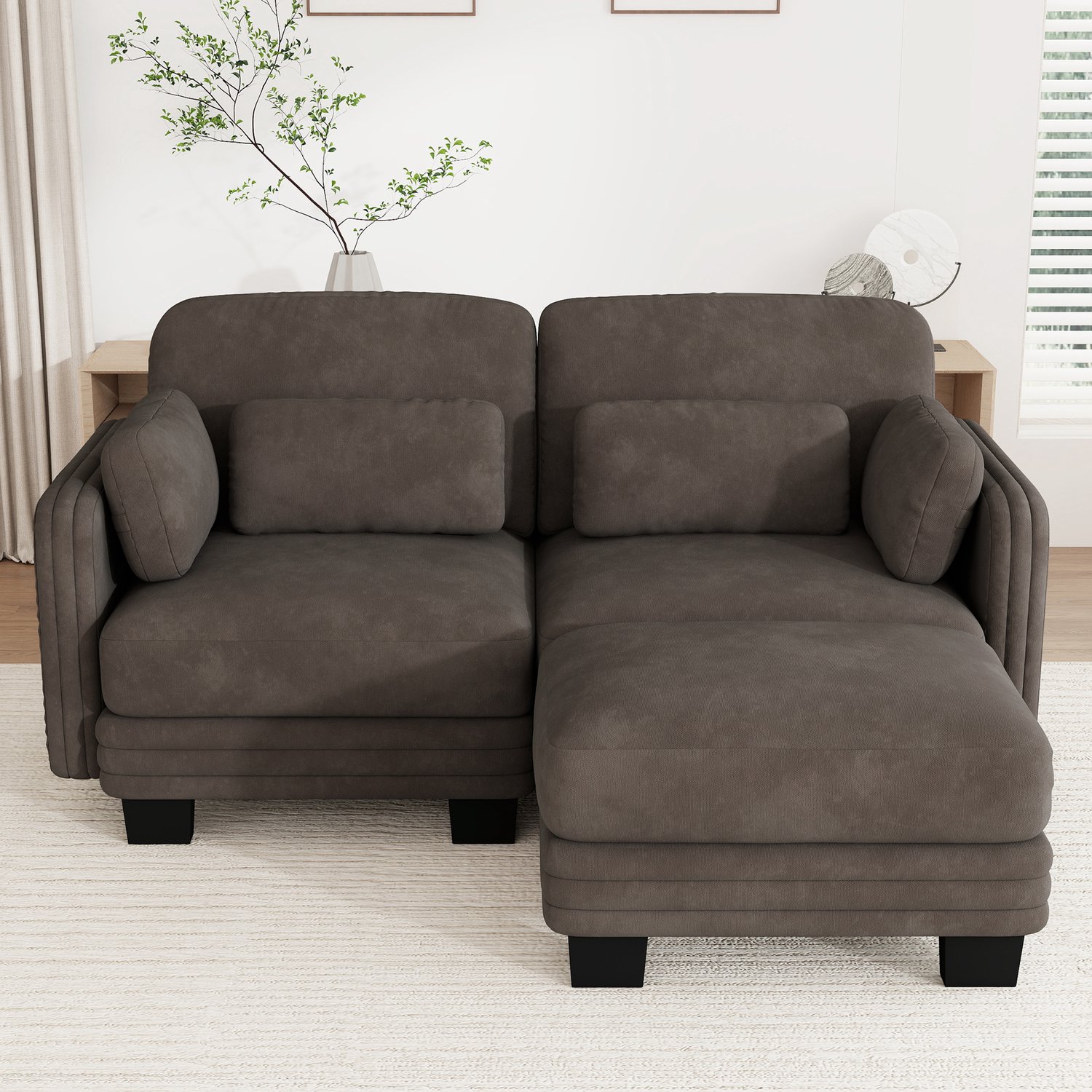 REDOM Hoekbank - 2-zits modulair ontwerp - Ottomane met lenden- en armkussens - Chenille stof - Bruin - 176 x 143 x 88 cm