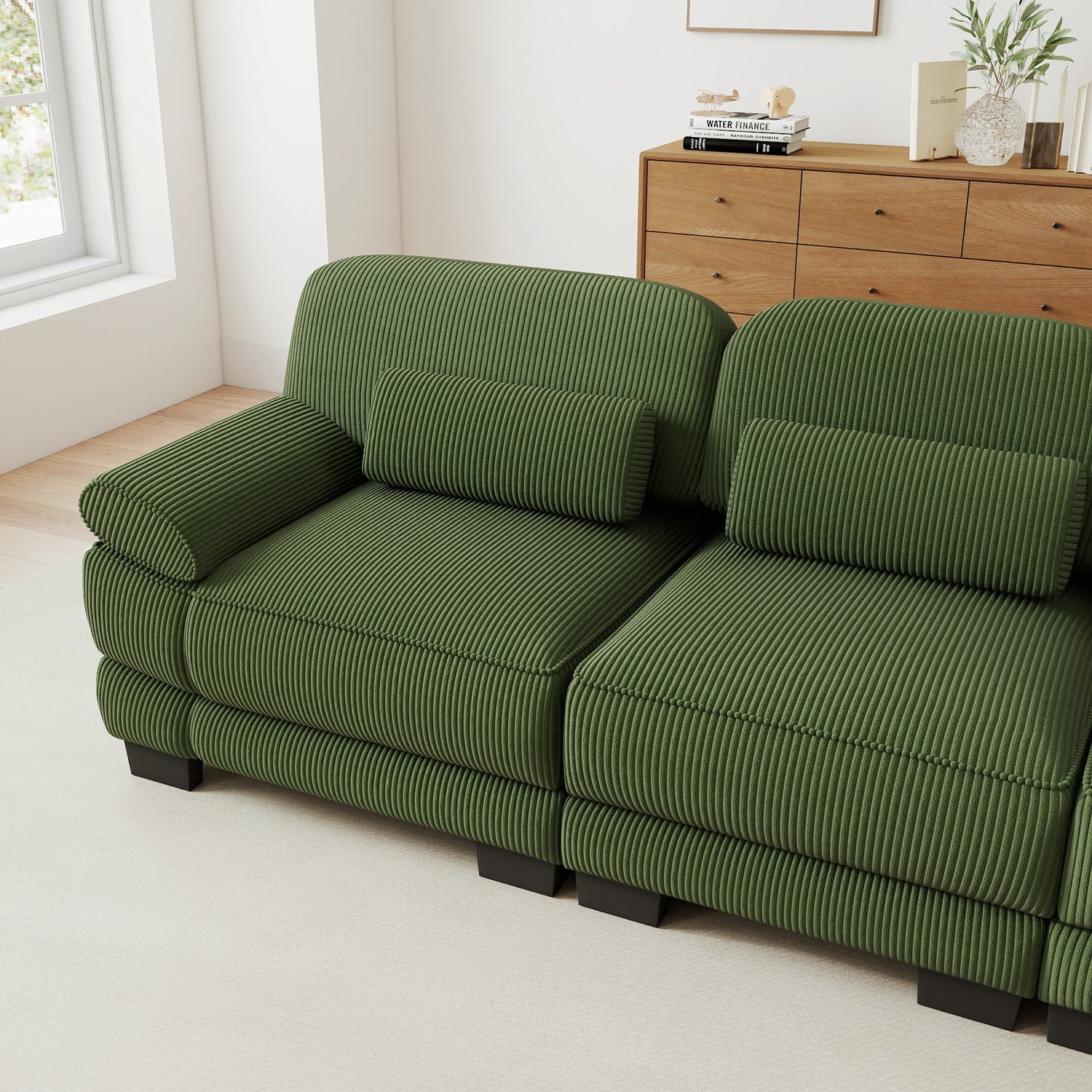 REDOM Hoekbank - Modulaire L-vorm - Hocker als voetensteun of bijzettafel - Corduroy bekleding - Groen - 194 x 161 x 94 cm