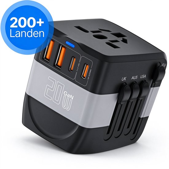 Zwarte reisadapter met grijze band, 20W GaN, 2x USB-C en 2x USB-A poorten, 200+ landen. Uitschuifbare stekkers voor UK, AUS, USA en EU.