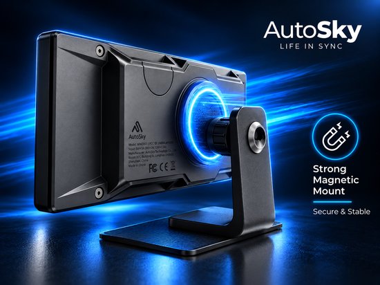 AutoSky Smart Display met sterke magnetische houder en blauwe verlichting op zwarte achtergrond.