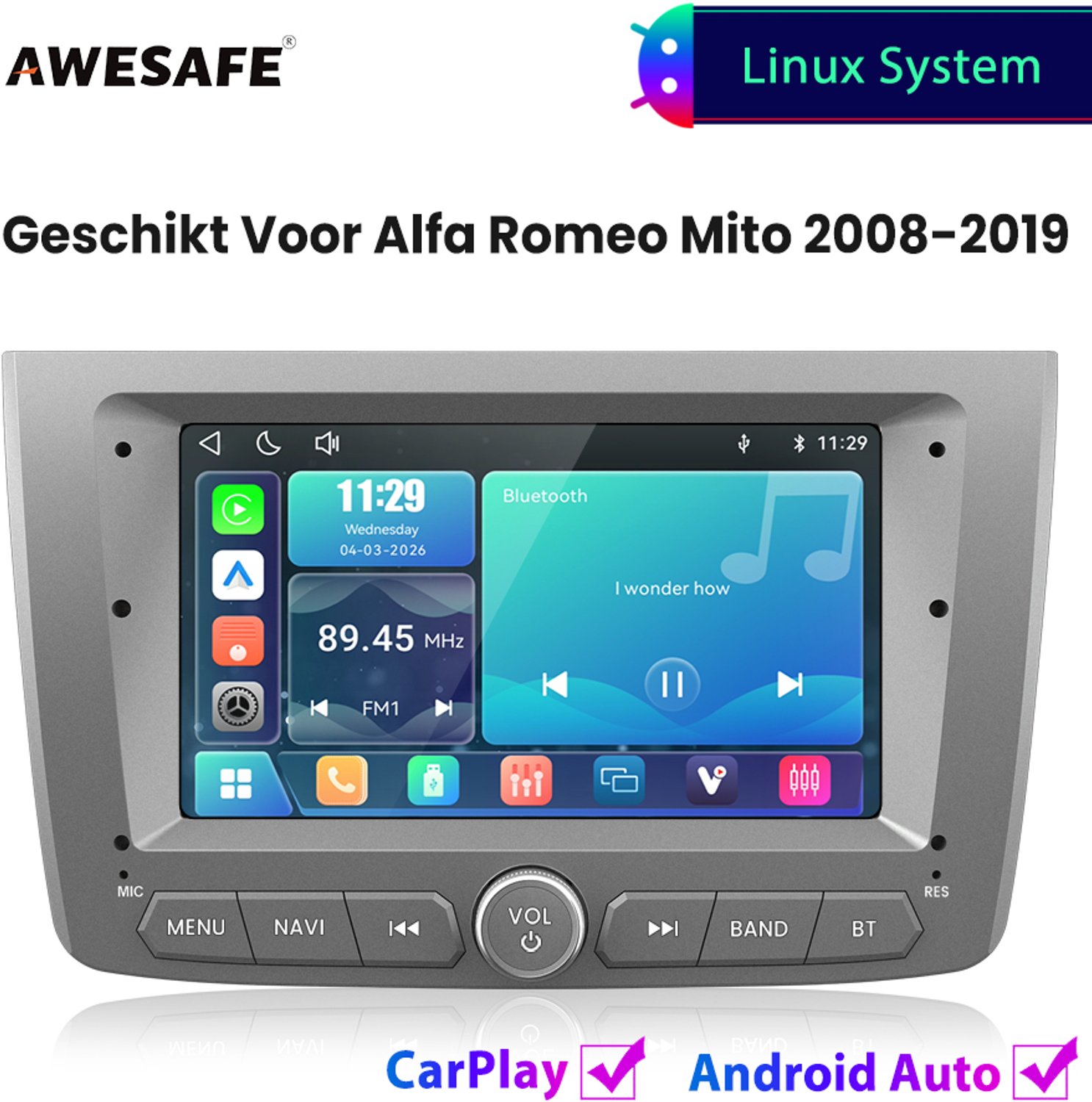 Awesafe Autoradio - Geschikt Voor Alfa Romeo Mito 2008 t/m 2019 - Draadloos Carplay Android Auto - Linux systeem - 7 Inch Touchscreen - FM Radio Bluetooth EQ SWC Wifi Airplay - 2008 2009 2010 2011 2012 2013 2014 2015 2016 2017 2018 2019 - Zilveren