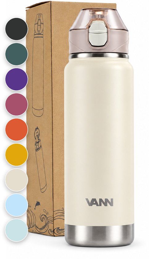Crèmekleurige VANN drinkfles van roestvrij staal met een beige dop en rietje. Naast de fles zijn cirkels met beschikbare kleuren.