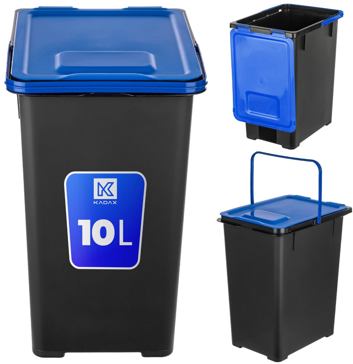 KADAX prullenbak 10 liter met blauw klapdeksel en draaggreep, prullenbak voor oud papier, kleine prullenbak voor afvalscheiding in de keuken en op kantoor, afvalbak voor papier (zwart/blauw, zonder opdruk)
