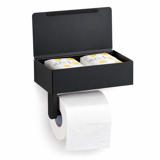 Zwarte toiletrolhouder met een plankje voor vochtig toiletpapier, met twee pakken vochtig toiletpapier erop.
