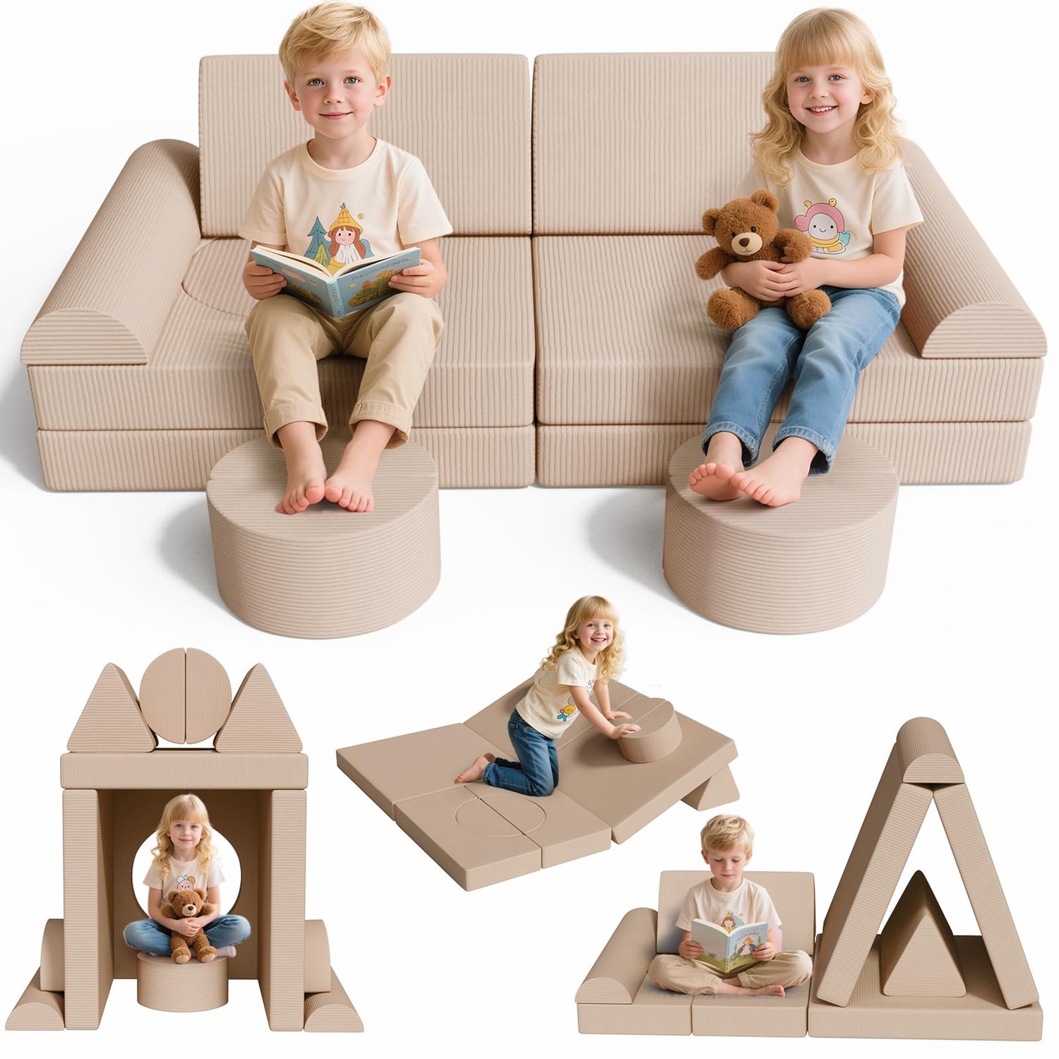 MAMIZO 15-delige modulaire Speelbank voor Kinderen - Kinderbank - Kindersofa - voor Speelkamers Slaapkamers Kinderkamers Kinderdagverblijven - Beige