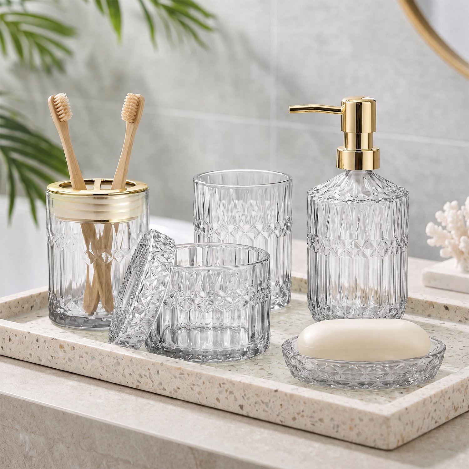 Yelenaro Badkameraccessoireset, 5-delig, Glazen Badkamer Organizer, Inclusief Zeepdispenser, Tandenborstelhouder, Tandenborstelbeker, Zeepschaal & Afsluitbare Opbergpot, voor Badkamer en Toilet