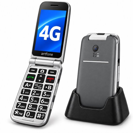 Grijze Artfone G3 seniorentelefoon, opengeklapt, met een scherm waarop '4G' staat, en gesloten telefoon in laadstation.