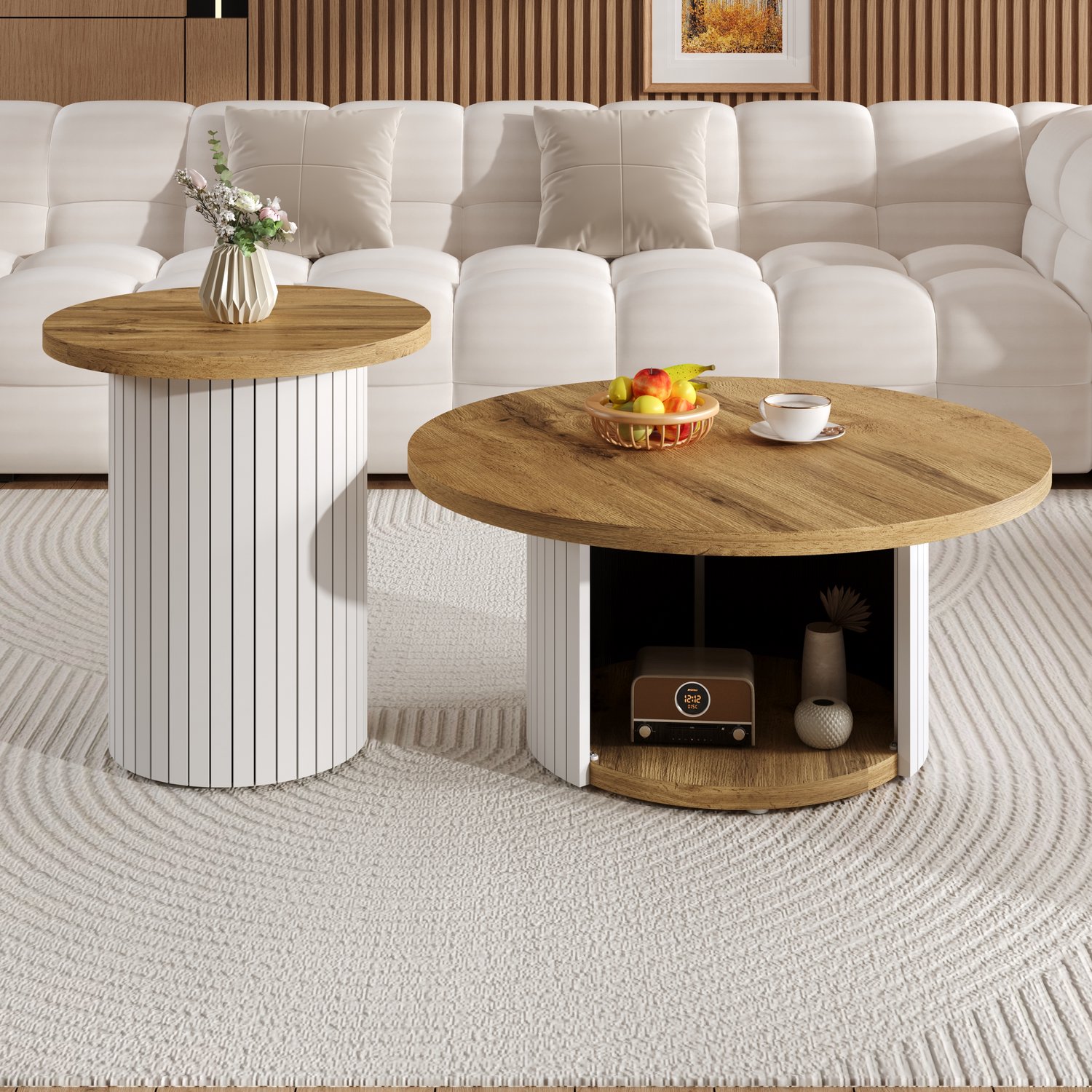 Merax Koffietafel - dubbele ronde tafel - bijzettafel met natuurlijk houten blad - multifunctionele salontafel Houtkleur