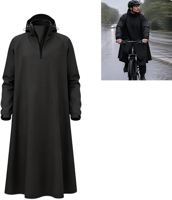 Zwarte lange regenponcho met capuchon en een man op een fiets