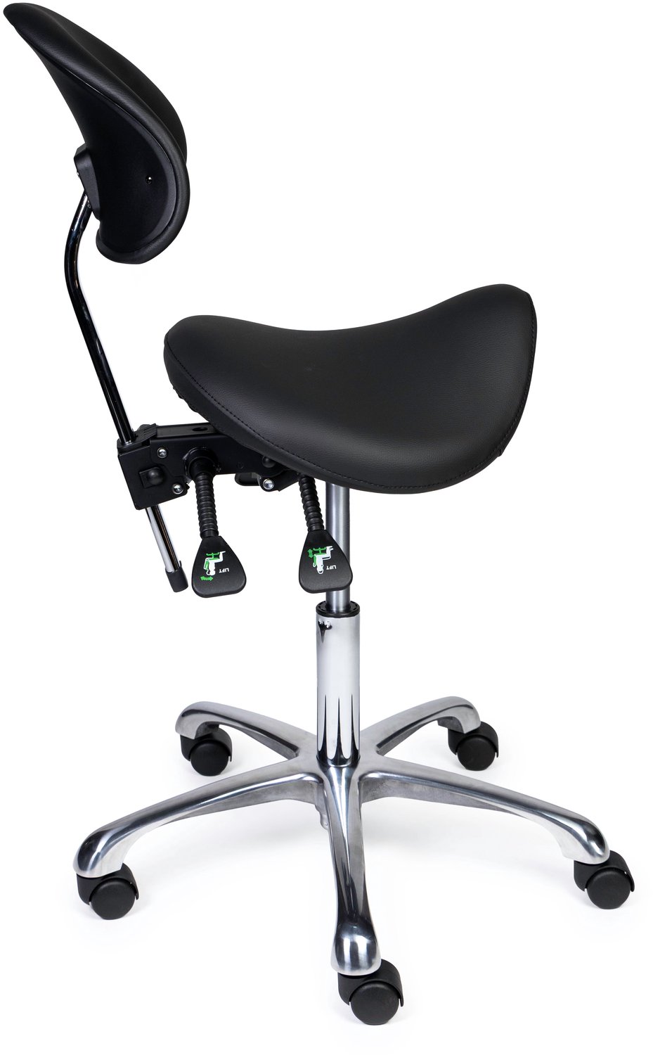 Ergonomische Zadelkruk met Rugleuning Premium Zwart op Wielen Hoge uitvoering (70-84cm) / Met voetensteun / Standaard wielen