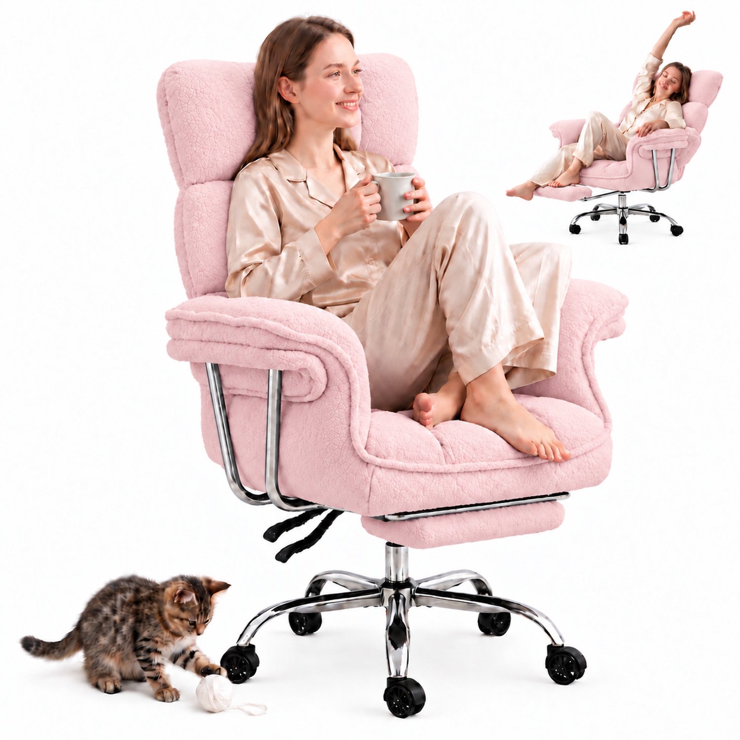 Dowinx Gamingstoel - Ergonomische Bureaustoel met Voetsteun - Verstelbare Gamestoel met Pocketvering - Teddy Fleece Bekleding - Grote Bureaustoel tot 181 kg - Rose