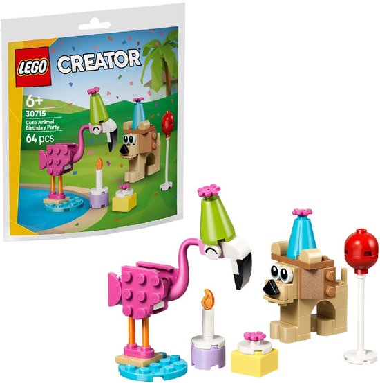 LEGO Creator set met roze flamingo, bruine hond, taart, kaars en ballonnen.