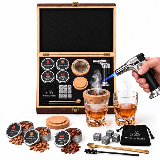 Houten kist met whisky smoker set: 2 glazen, gasbrander, 4 blikken houtsnippers, 9 whisky stenen.