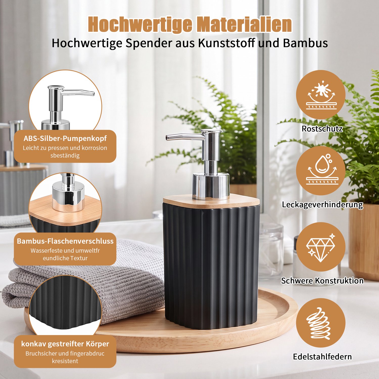 Yelenaro Badkamer Accessoires Set, 6-Delige, Badkameraccessoires Set van Kunststof met Tandenborstelhouder, Mondspoelbeker, Zeepdispenser, Zeepbakje, 9 Liter Prullenbak, Toiletborstel, voor Badkamer en Gast-WC, Zwart
