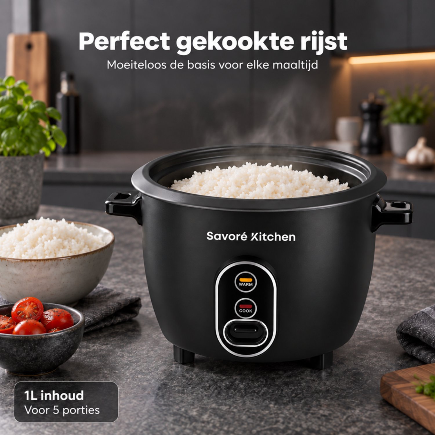 Savoré Kitchen Rijstkoker 1 Liter PFAS-vrij - Rice Cooker Klein voor 5 Porties - Warmhoudfunctie - Zwart thumbnail 2