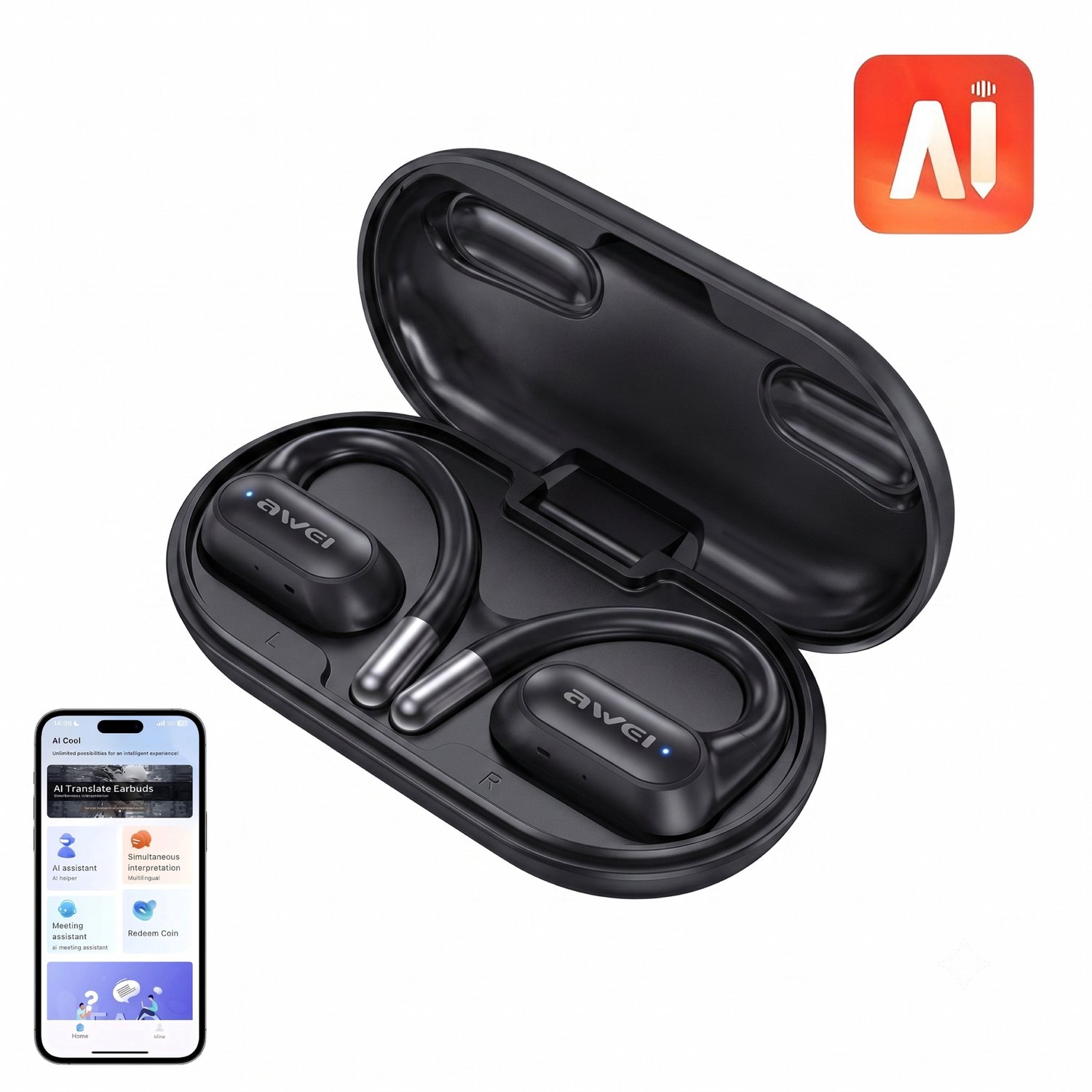 AWEI T93 - Sport Oordopjes - Open-Ear Oorclips - Draadloos Bluetooth Clip On Design - AI-vertaalfunctie - ENC Ruisonderdrukking - IPX6 - 40 Uur Batterijduur - voor Hardlopen - Zwart