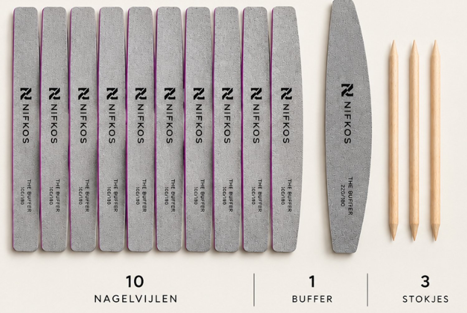 NIFKOS Nagelvijl Set – 10 Nagelvijlen 100/180 + 1 Buffer 220/280 + 3 Houten Nagelriemstokjes – Manicure Set – 14-delig