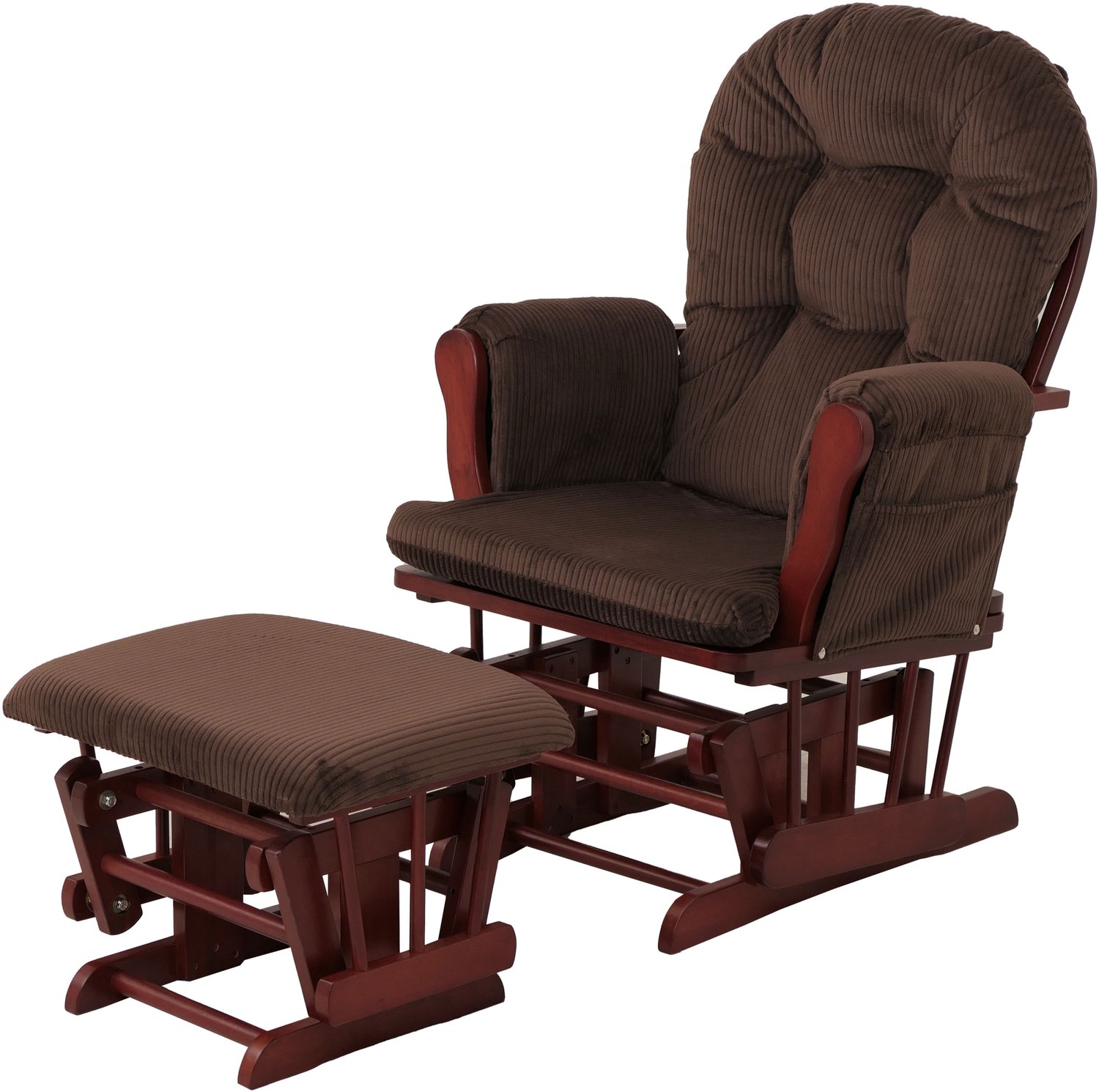 MCW Relaxfauteuil MCW-C76, schommelstoel, schommelstoel met voetenbankje, stof corduroy 320 g/m² ~ bruin, donker frame