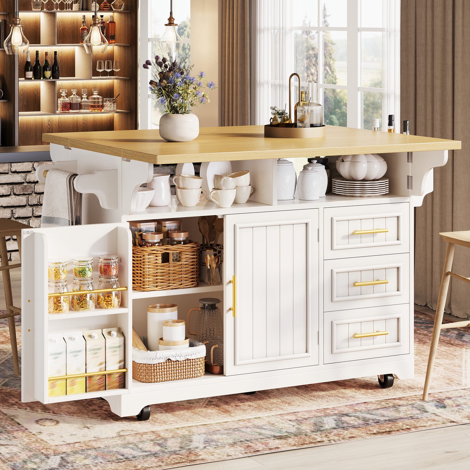 PHOEBE CAT Keukenkast - Eettafel op wieltjes - Dressoir - Uitschuifbaar werkblad - 3 lades - Metalen handgrepen - Wit + Naturel