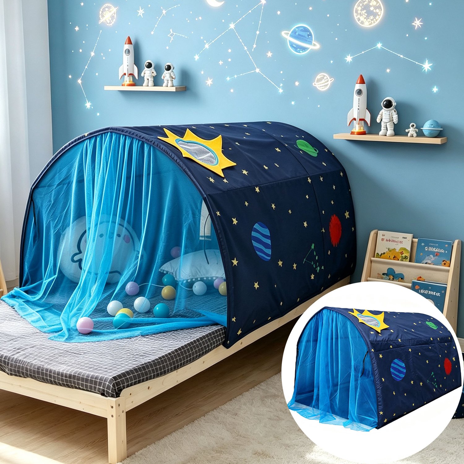 Kindertent bed blauw met sterren – Prinsessentent met zijgordijnen – Bedtent voor jongens en meisjes – Speeltent en leeshoek – zonder lampjes