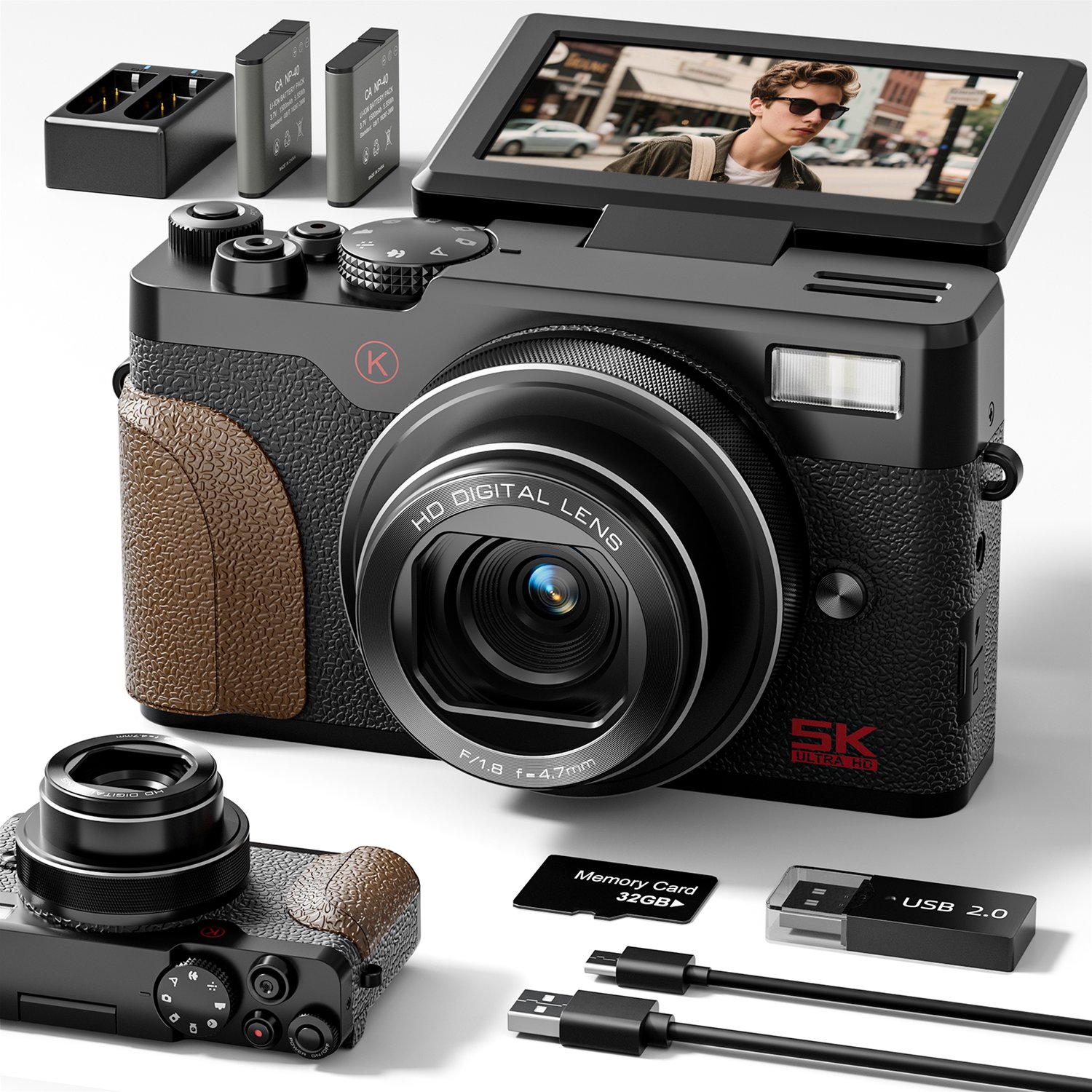 NBD K100 Digitale Camera - 5K 64MP - 18X Digitale Zoom - 180° Kantelbaar Scherm - Compact camera voor Fotografie en Video - 32GB - Zwart