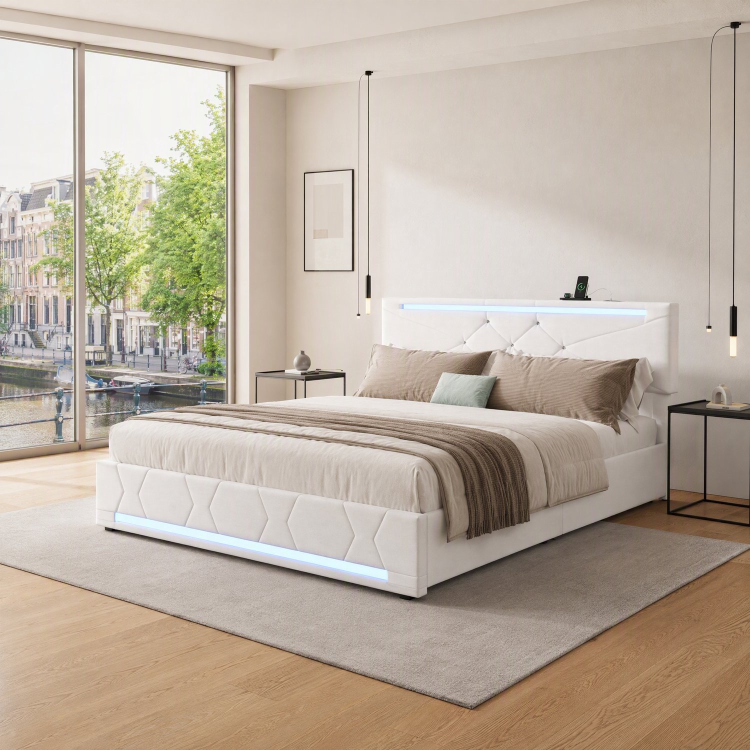Hydraulisch Opbergbed 160x200 cm - Beige Tweepersoonsbed met Ruime Opbergruimte, LED-Verlichting en USB-Oplaadpoorten, Gestoffeerd Hoofdbord